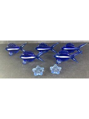 5 Blown Glass Fish Figurines Art Glass Blue White 2 Starfish Lot Marine Life